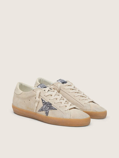 Women's Super-Star in ice-gray suede with silver glitter star and leather heel tab