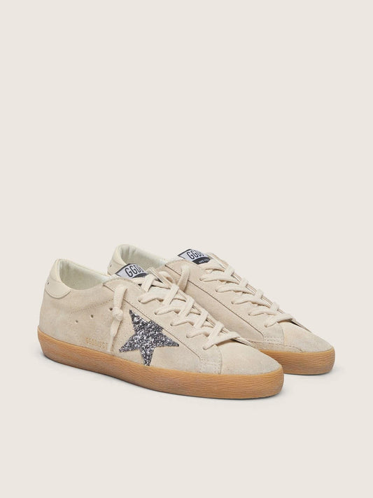 Women's Super-Star in ice-gray suede with silver glitter star and leather heel tab