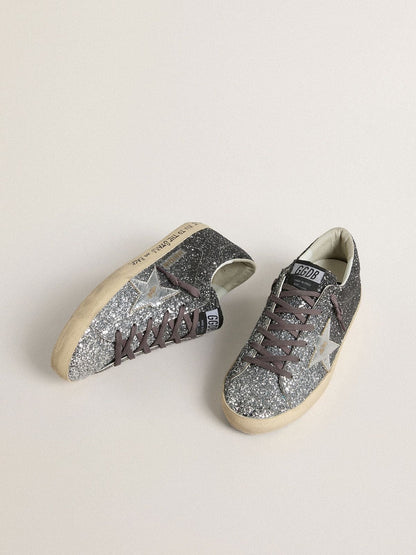 Women's Super Star with glitter upper and silver metallic leather star