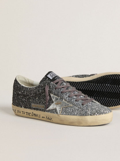 Women's Super Star with glitter upper and silver metallic leather star