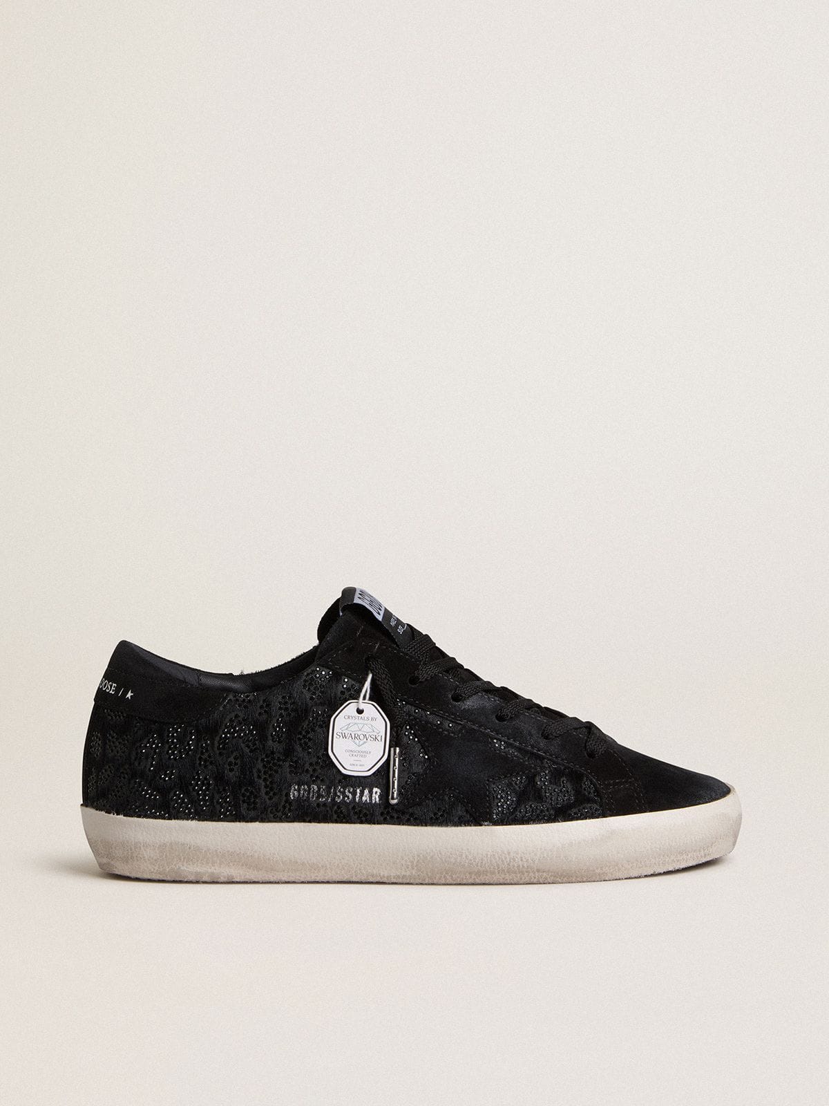 Women's Super-Star in black pony skin with black Swarovski crystals and black suede star