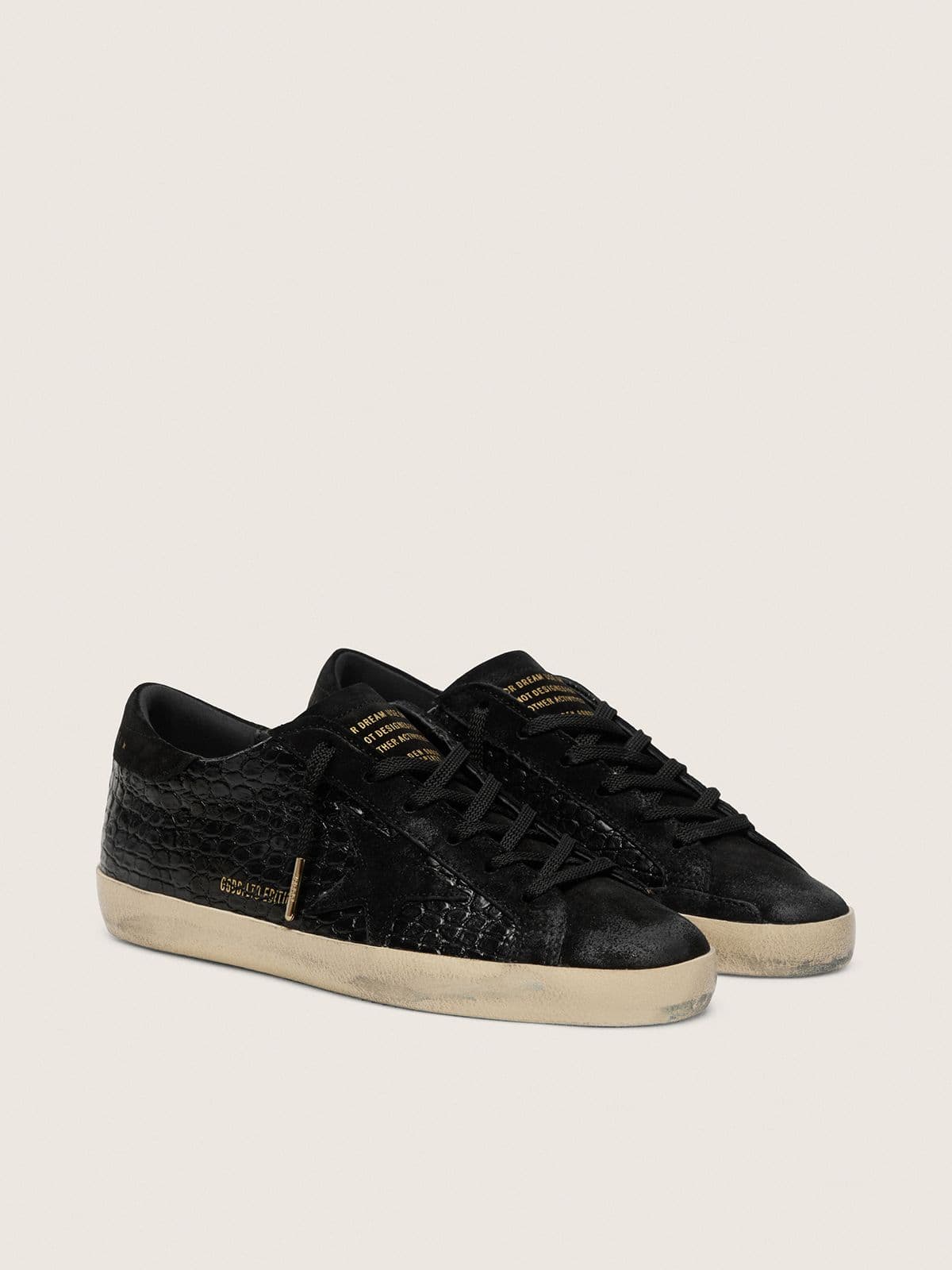 Women's Super-Star LTD in black croc-print leather with black suede star and heel tab