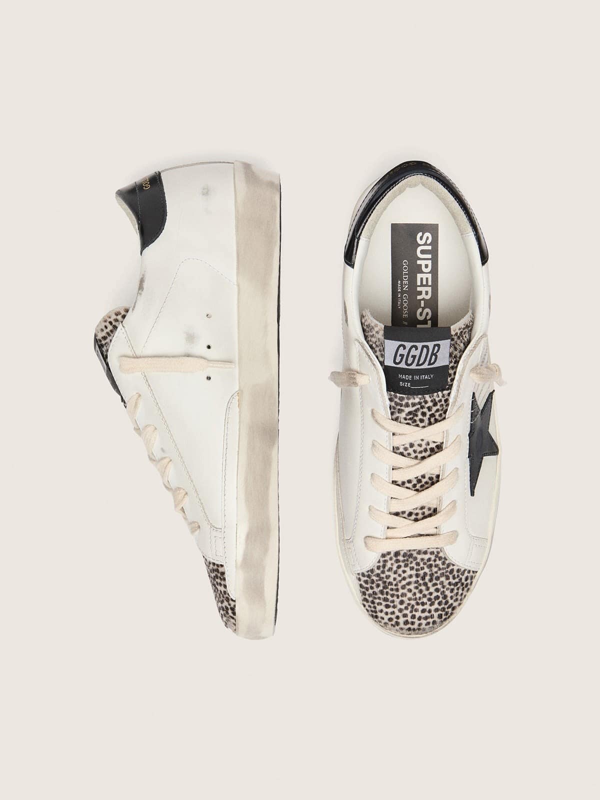 Women's Super-Star LTD in white leather with black star and pony skin details