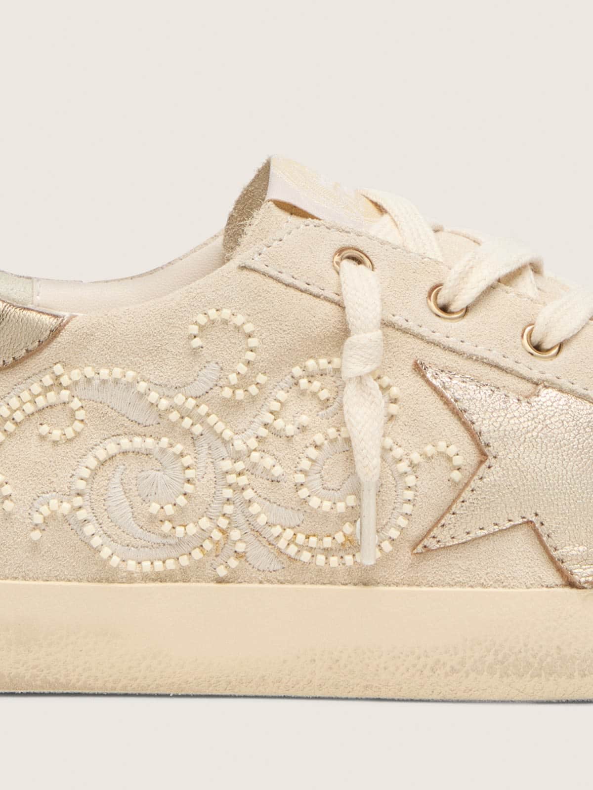 Women's Super-Star LTD in pearl suede with gold star and bead embroidery