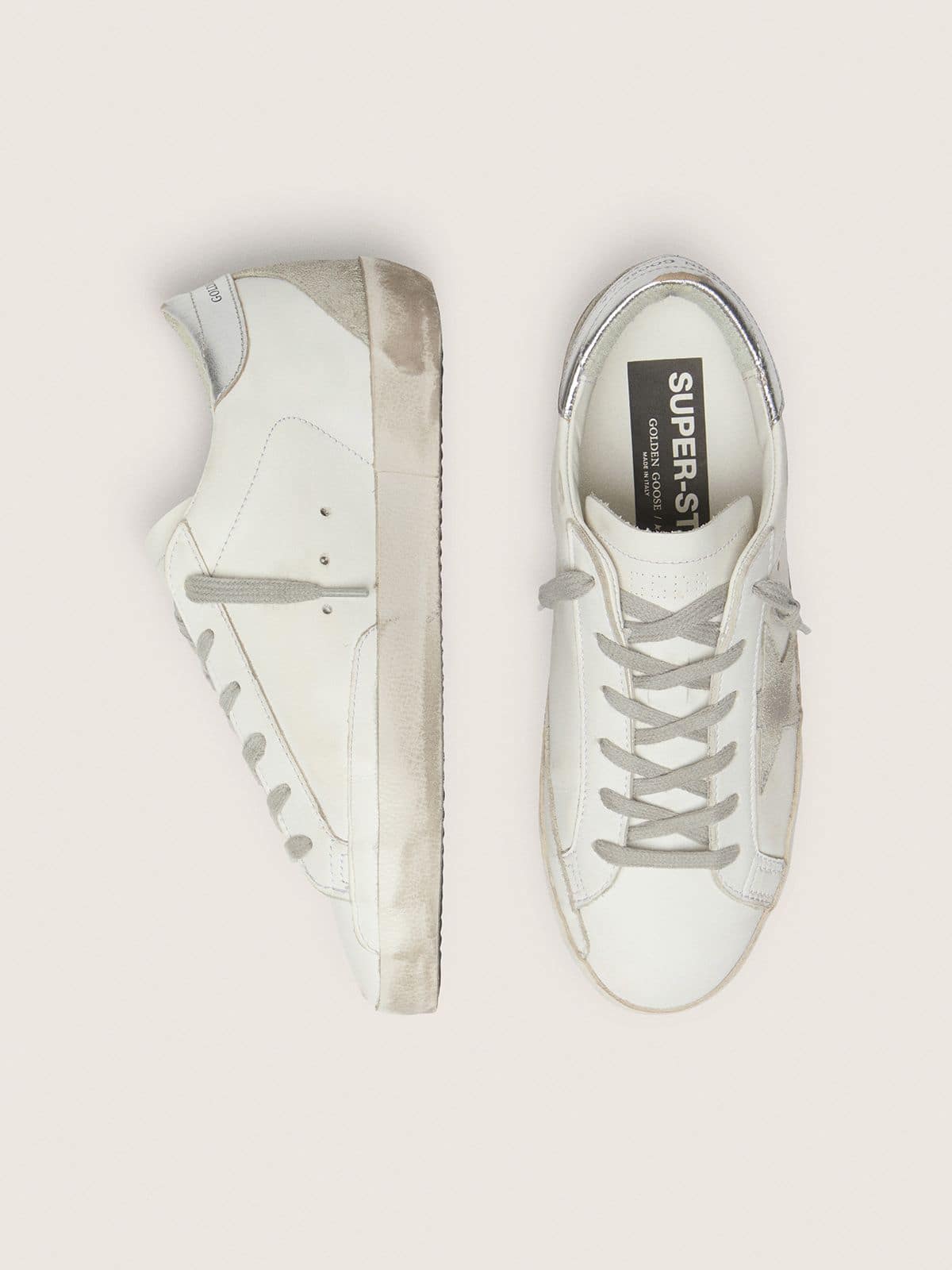 Women's Super-Star with silver heel tab and metal stud lettering