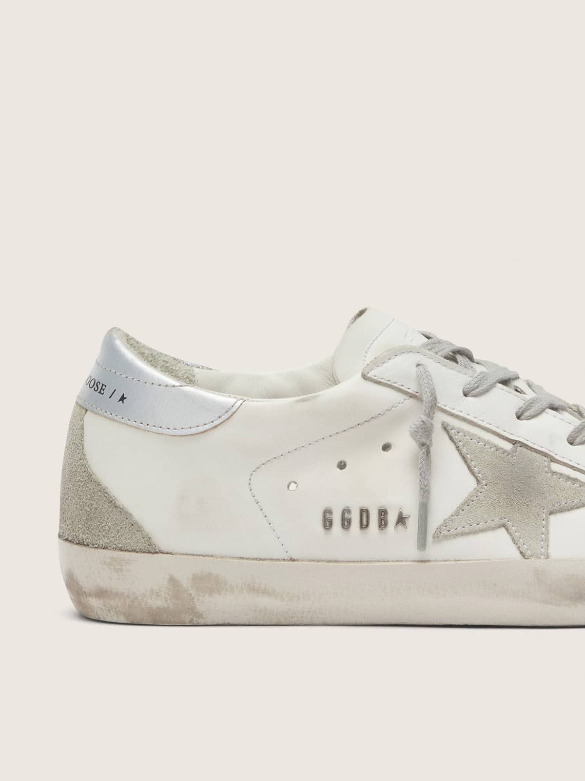 Women's Super-Star with silver heel tab and metal stud lettering