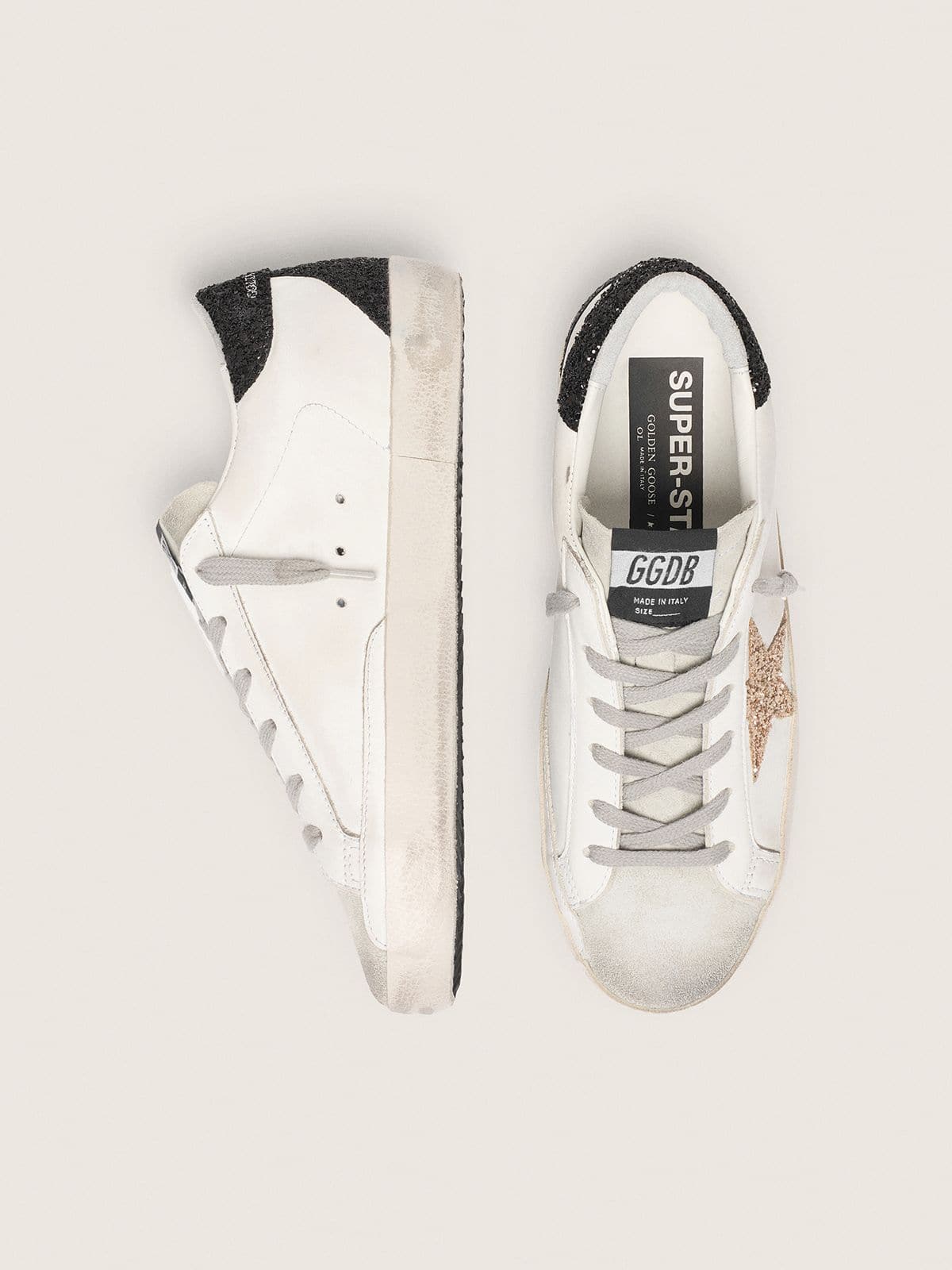Women’s Super-Star in nappa leather with gold glitter star and black glitter heel tab