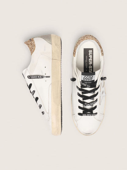 Women's white leather Super-Star with glittery heel tab