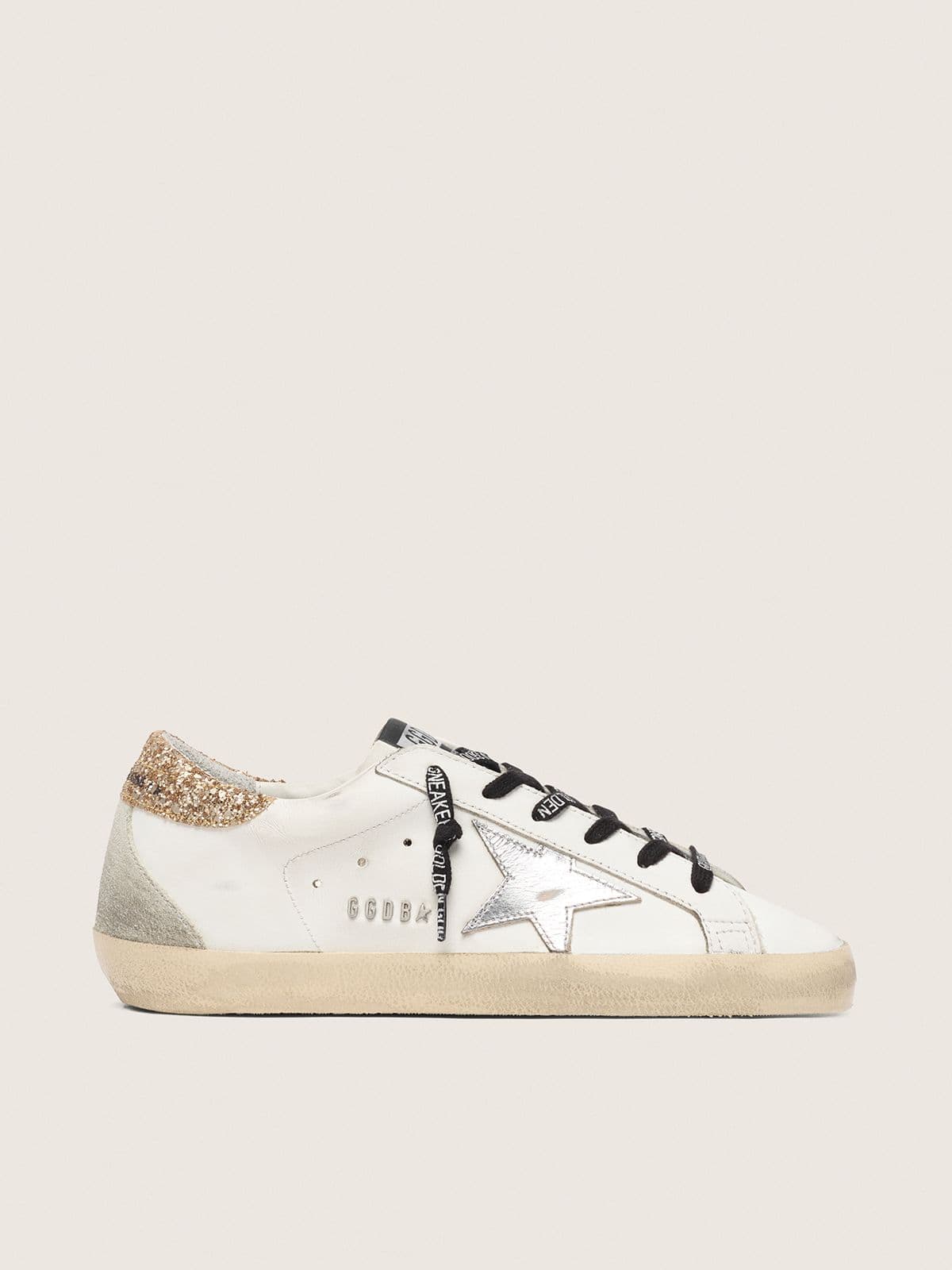 Women's white leather Super-Star with glittery heel tab