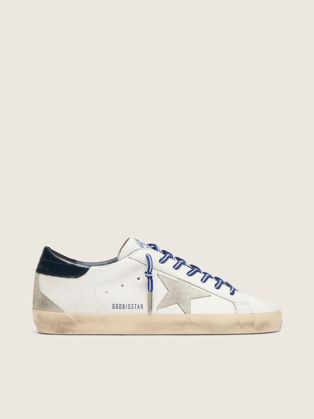 Women’s Super-Star LTD in white leather with suede star and blue leather heel tab