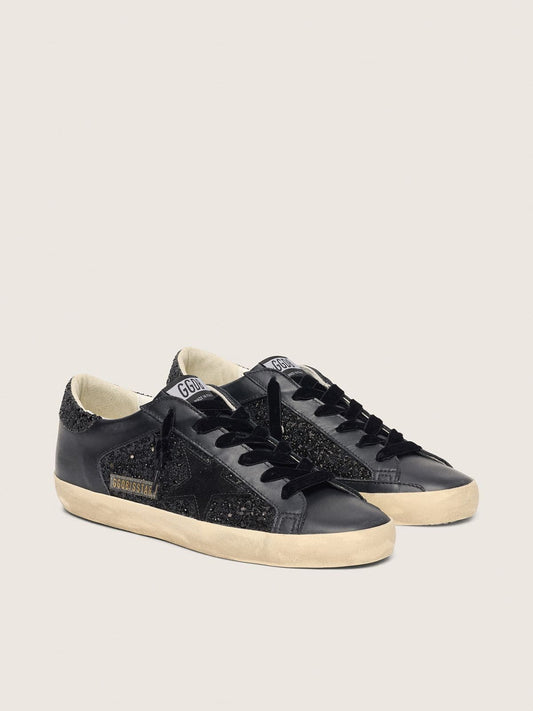 Women's Super-Star in black glitter with black suede star and leather inserts