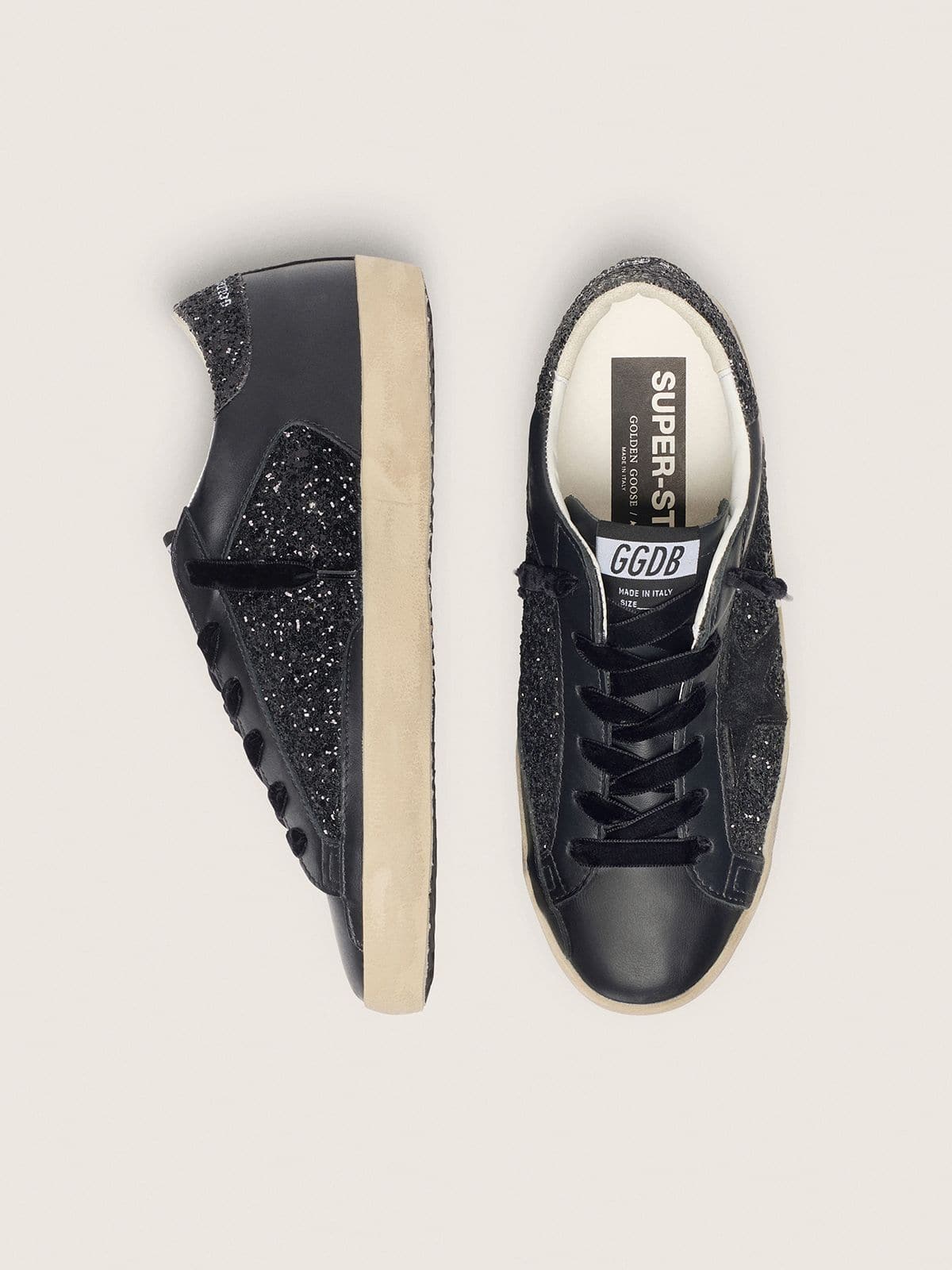 Women's Super-Star in black glitter with black suede star and leather inserts