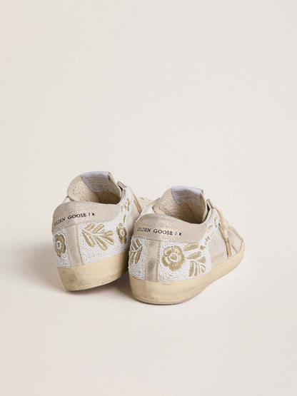 Women's Super-Star in beige suede with bead embroidery and laminated suede star