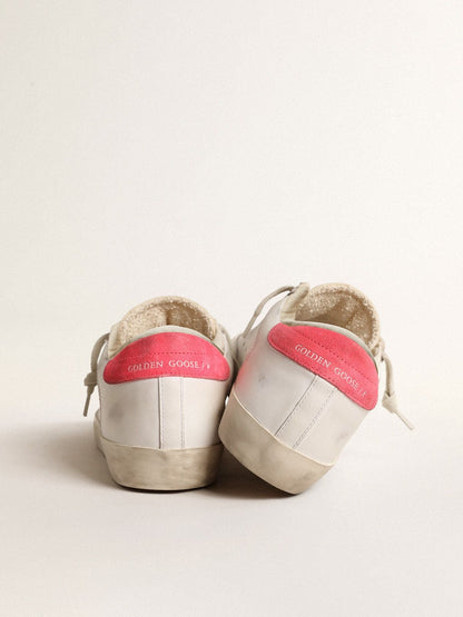 Women's white leather Super-Star with perforated star and fuchsia nylon heel tab