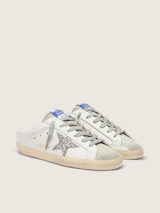 Super-Star Sabot with a platinum glitter star and suede tongue