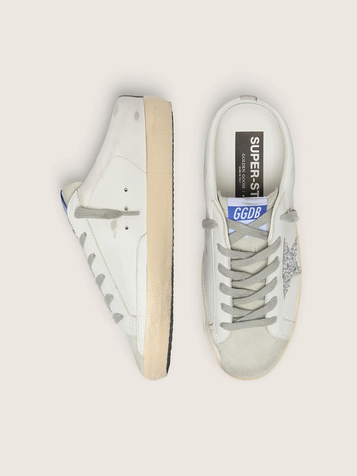 Super-Star Sabot with a platinum glitter star and suede tongue