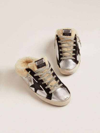 Women's Super-Star Sabot in silver laminated leather with black star