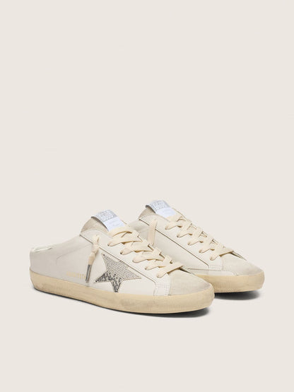 Women's Super-Star Sabots in white leather with Swarovski star