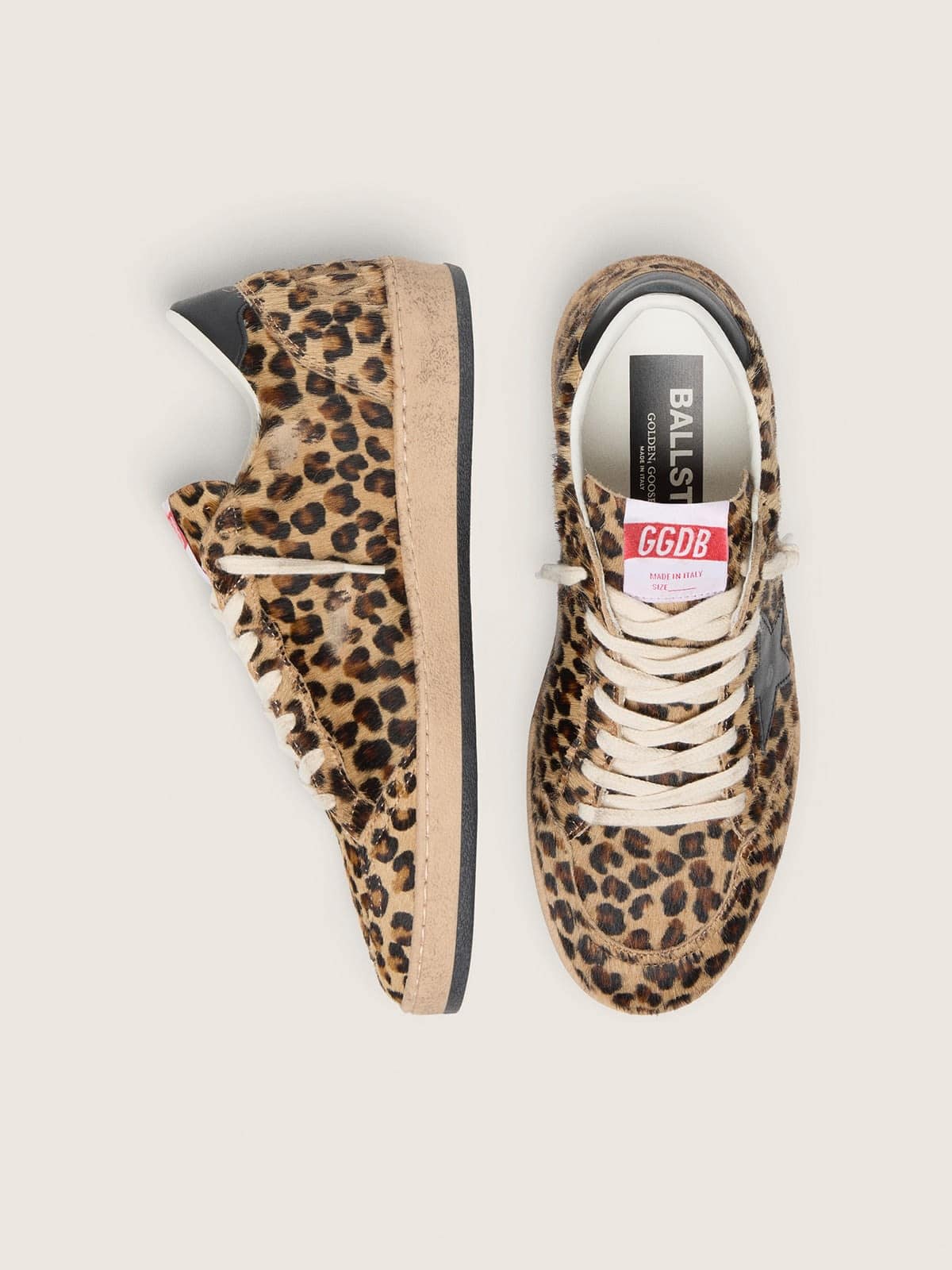 Women's Ball Star in leo-print pony skin, black leather star & heel tab