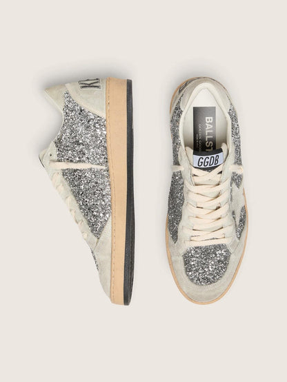 Women’s Ball Star in silver glitter with ice-gray suede inserts