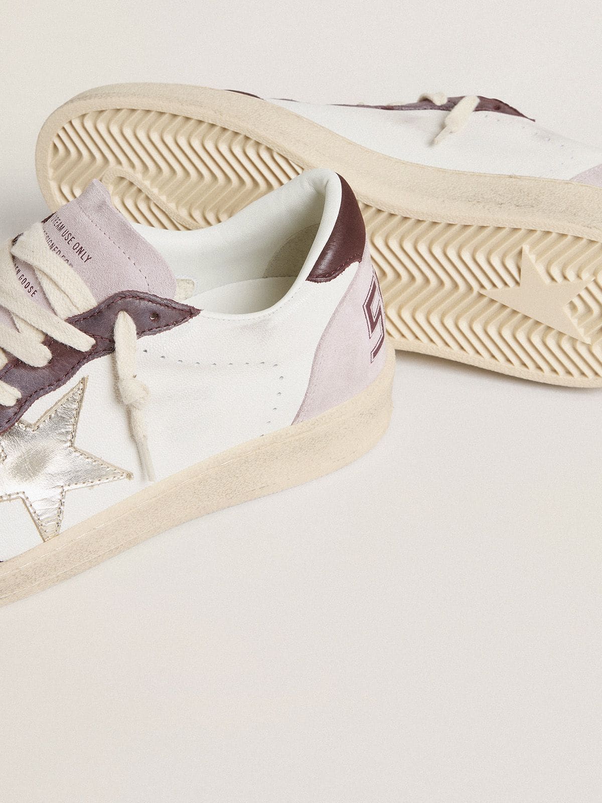Women's Ball Star LTD in nappa with platinum foiled leather star and burgundy nubuck leather heel ta