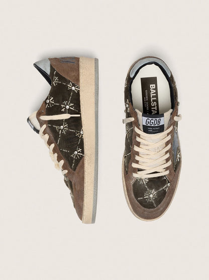 Women's Ball Star LAB in brown matelassé velvet with rhinestones and black leather star