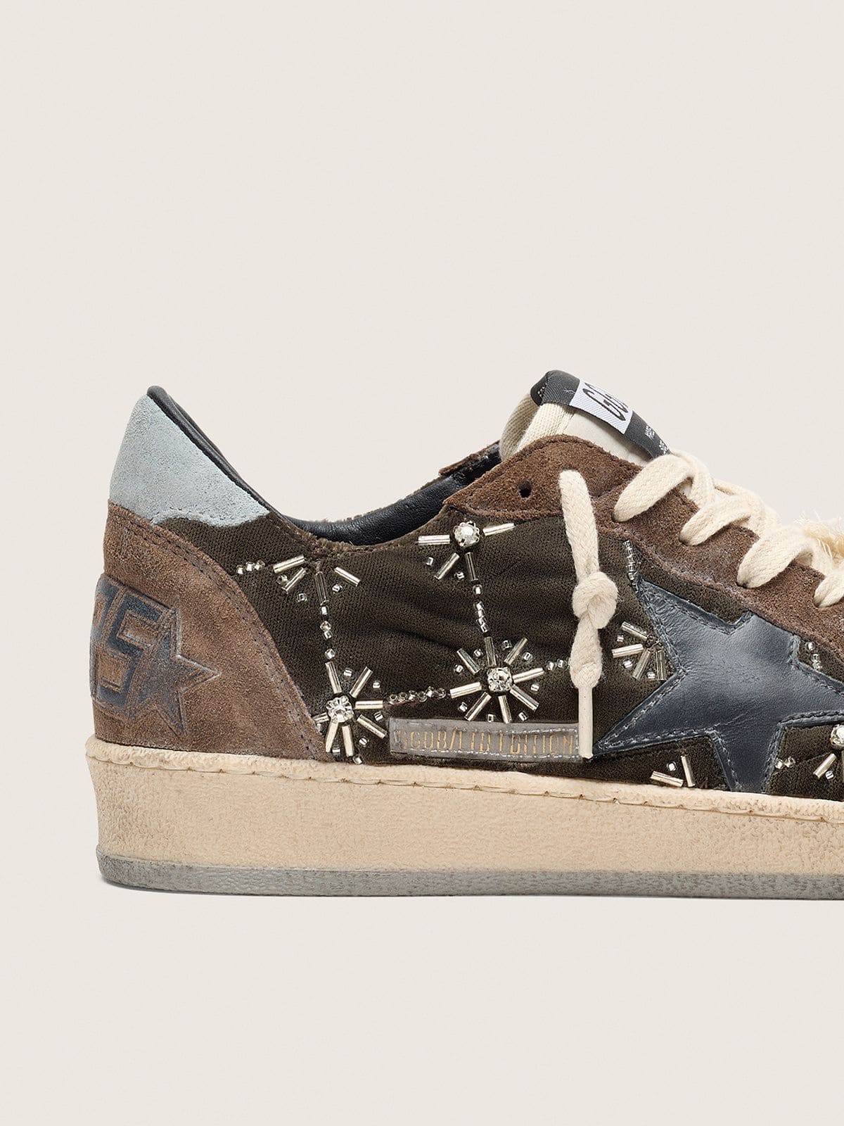 Women's Ball Star LAB in brown matelassé velvet with rhinestones and black leather star
