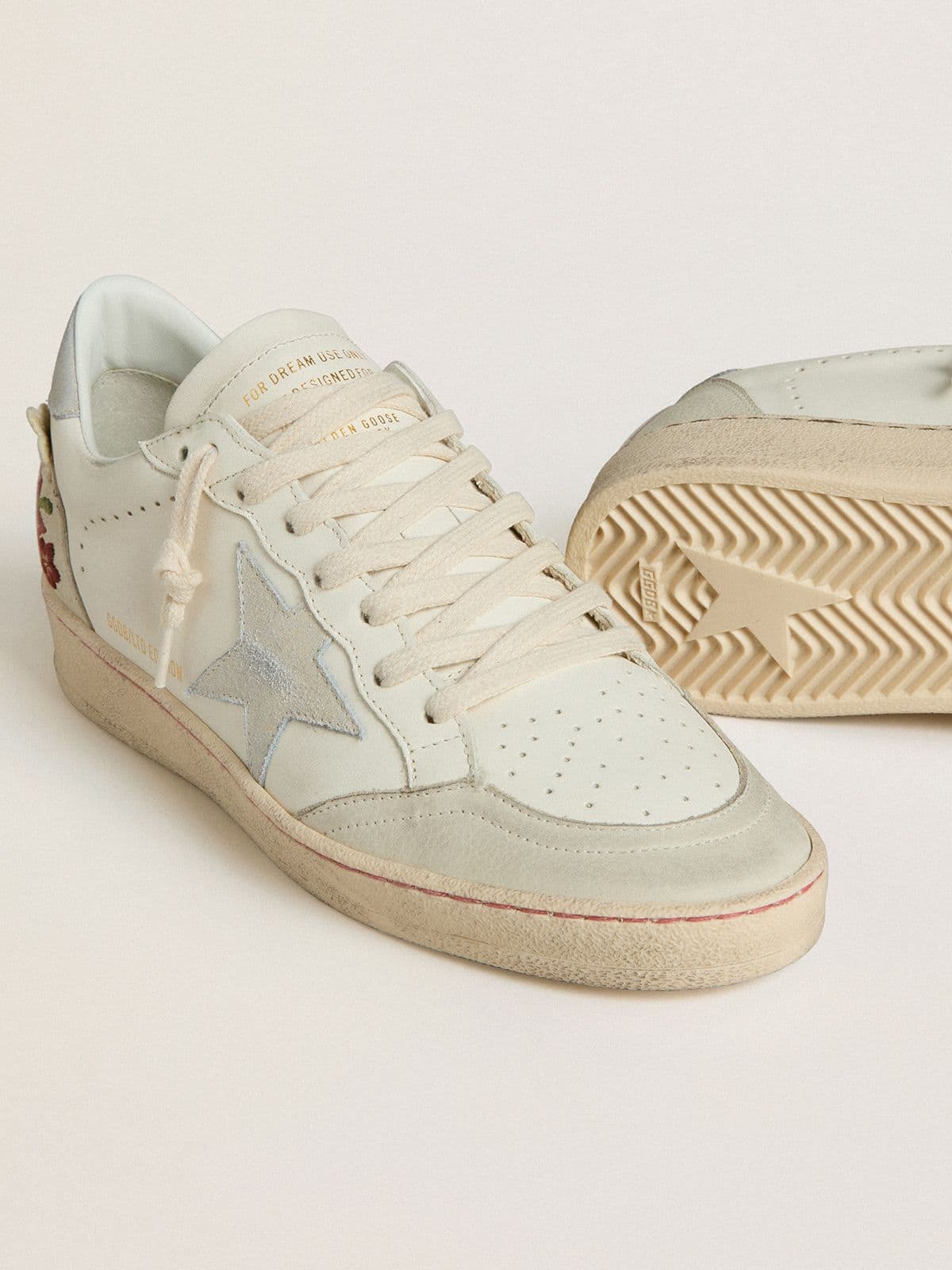Women’s Ball Star in leather with platinum suede star and multicolor floral embroidery