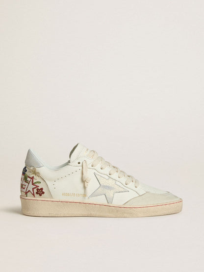 Women’s Ball Star in leather with platinum suede star and multicolor floral embroidery