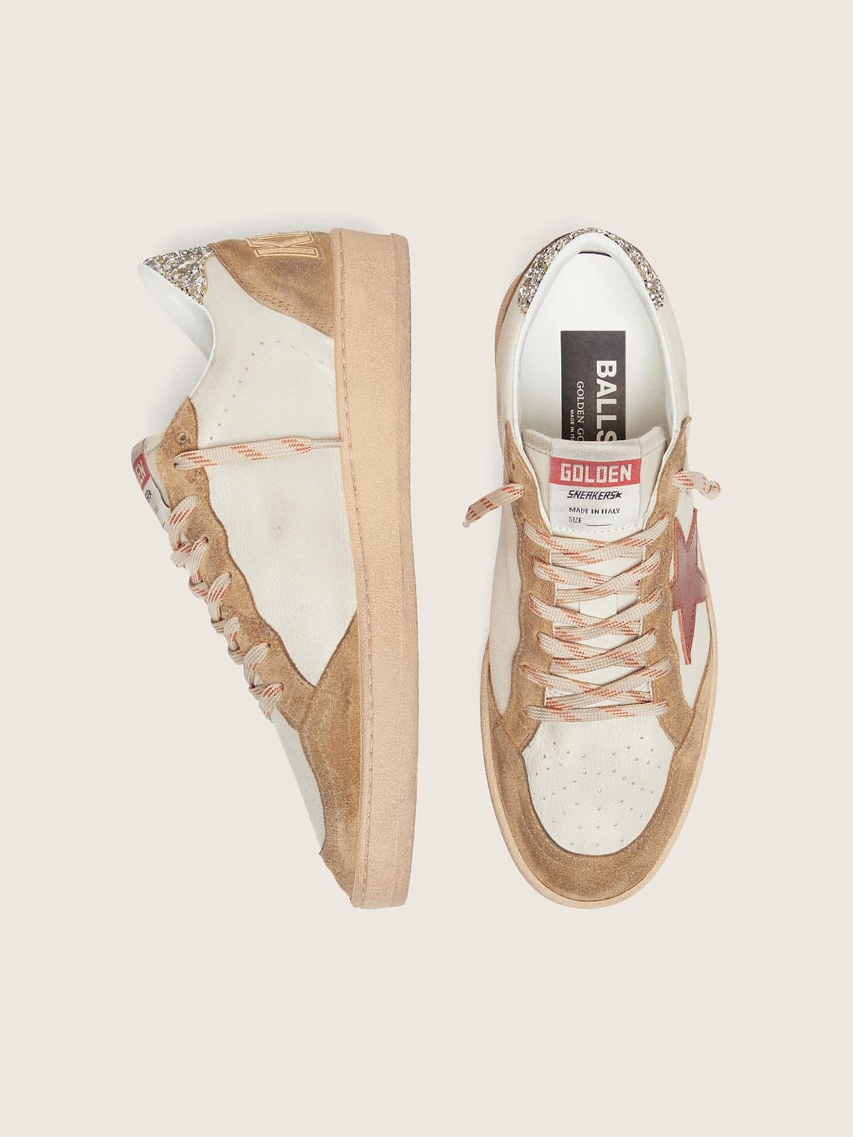 Women’s Ball Star in cream leather with brick-red leather star and suede inserts