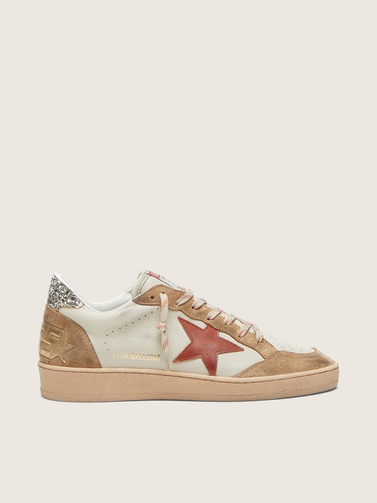 Women’s Ball Star in cream leather with brick-red leather star and suede inserts