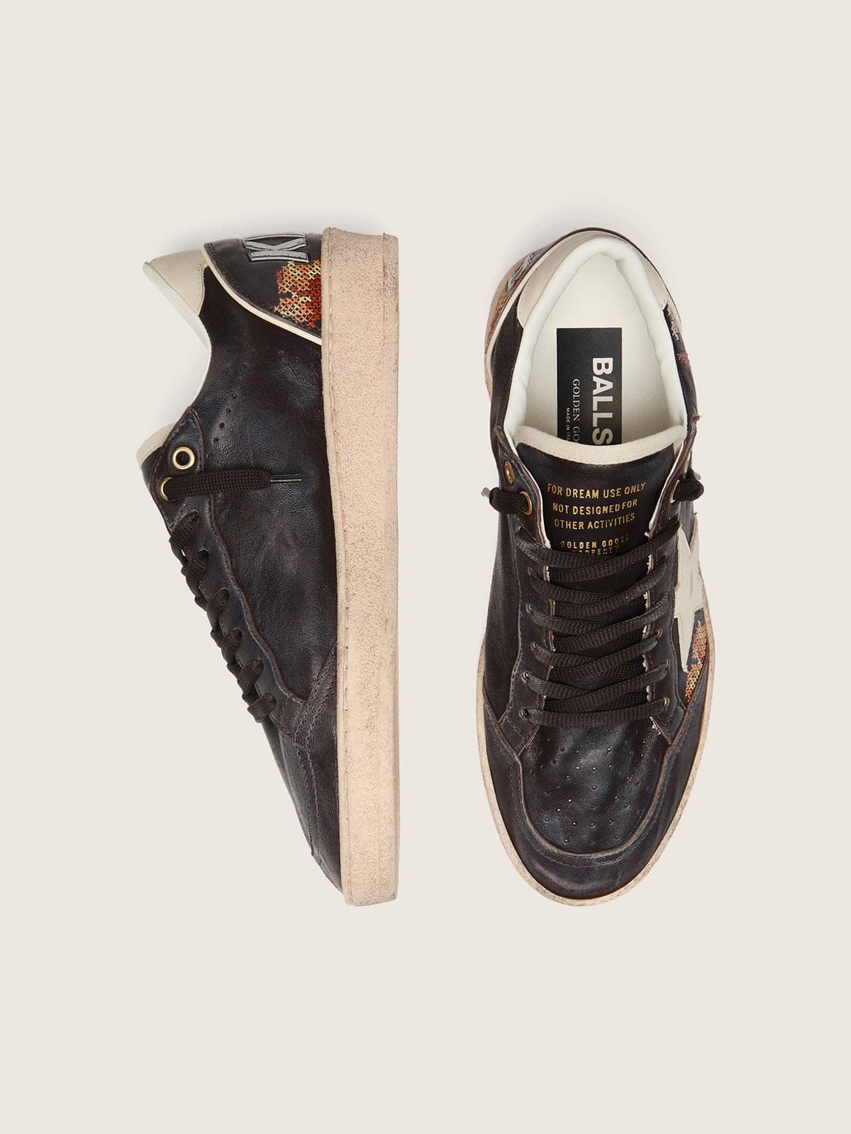 Women’s Ball Star LTD in ebony nappa with multicolor embroidery and white star
