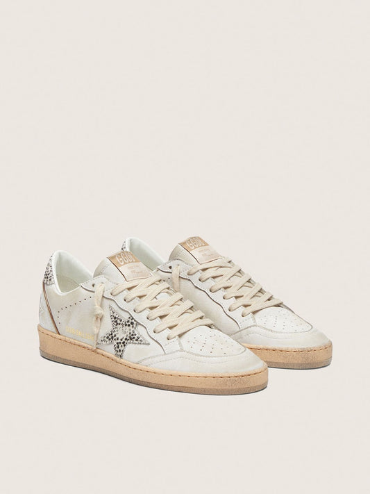 Women’s Ball Star LTD in white leather with animal-print pony skin star
