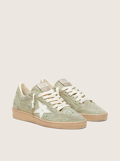 Women’s Ball Star in sage-green suede with white leather star and tone-on-tone Swarovski floral embr