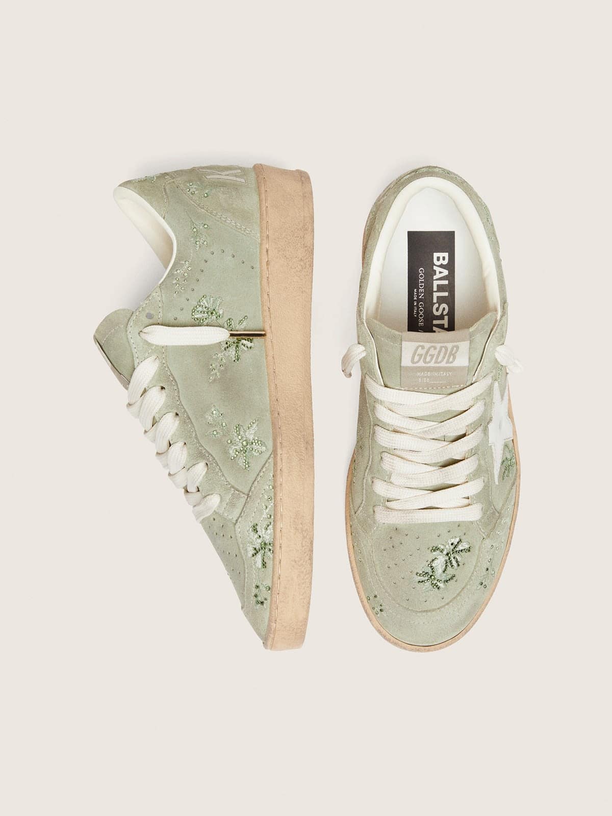 Women’s Ball Star in sage-green suede with white leather star and tone-on-tone Swarovski floral embr