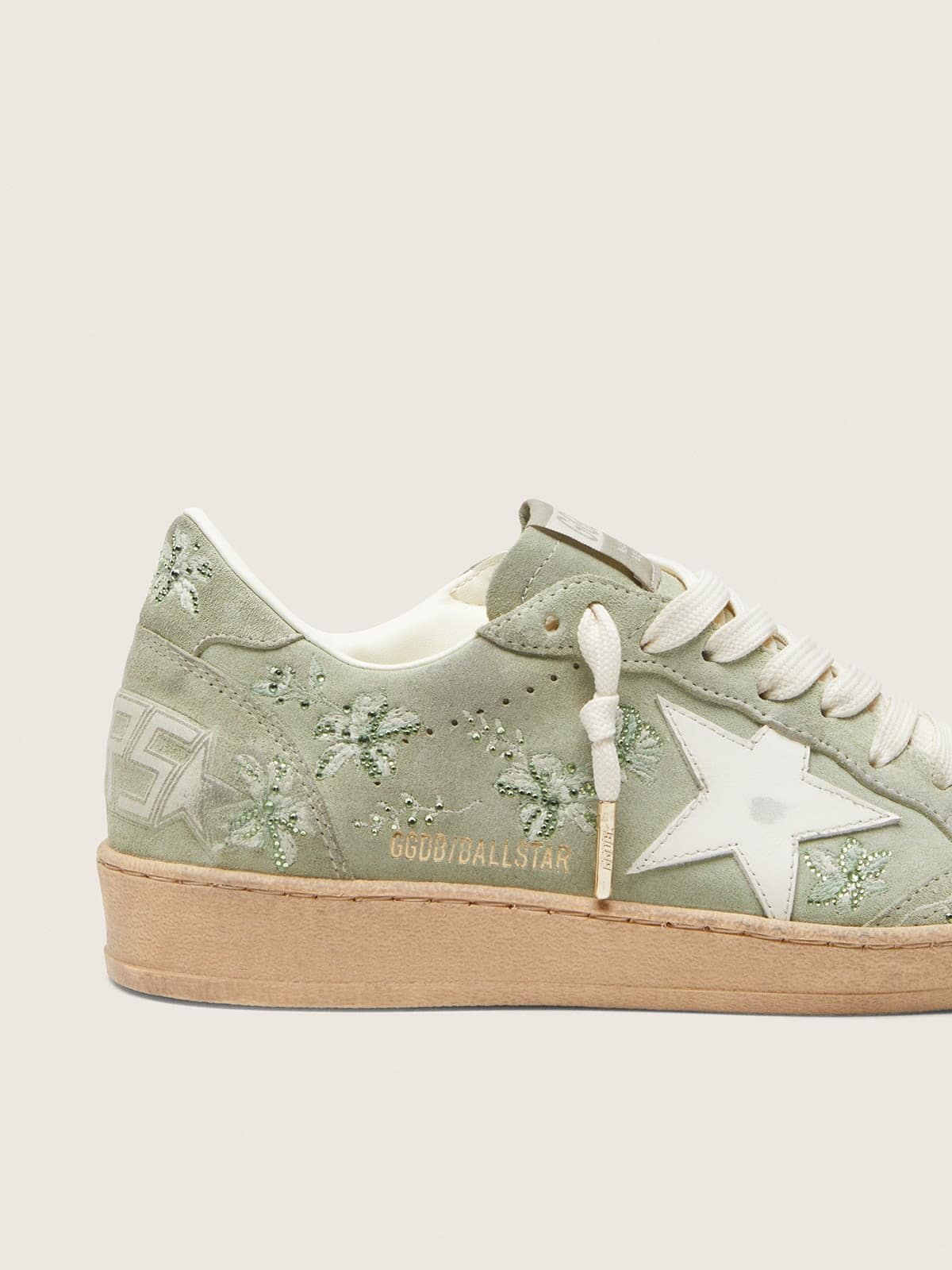 Women’s Ball Star in sage-green suede with white leather star and tone-on-tone Swarovski floral embr