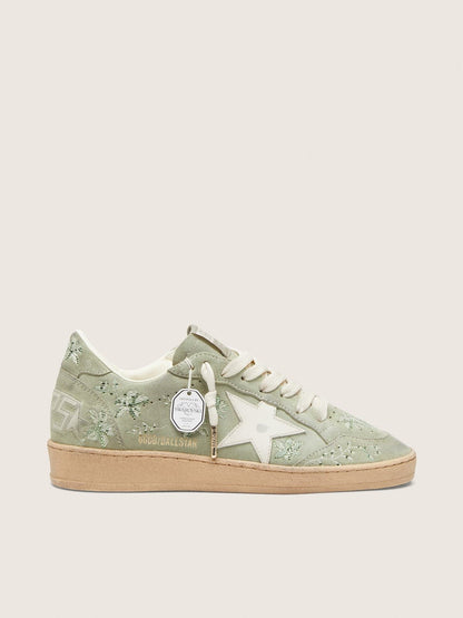 Women’s Ball Star in sage-green suede with white leather star and tone-on-tone Swarovski floral embr
