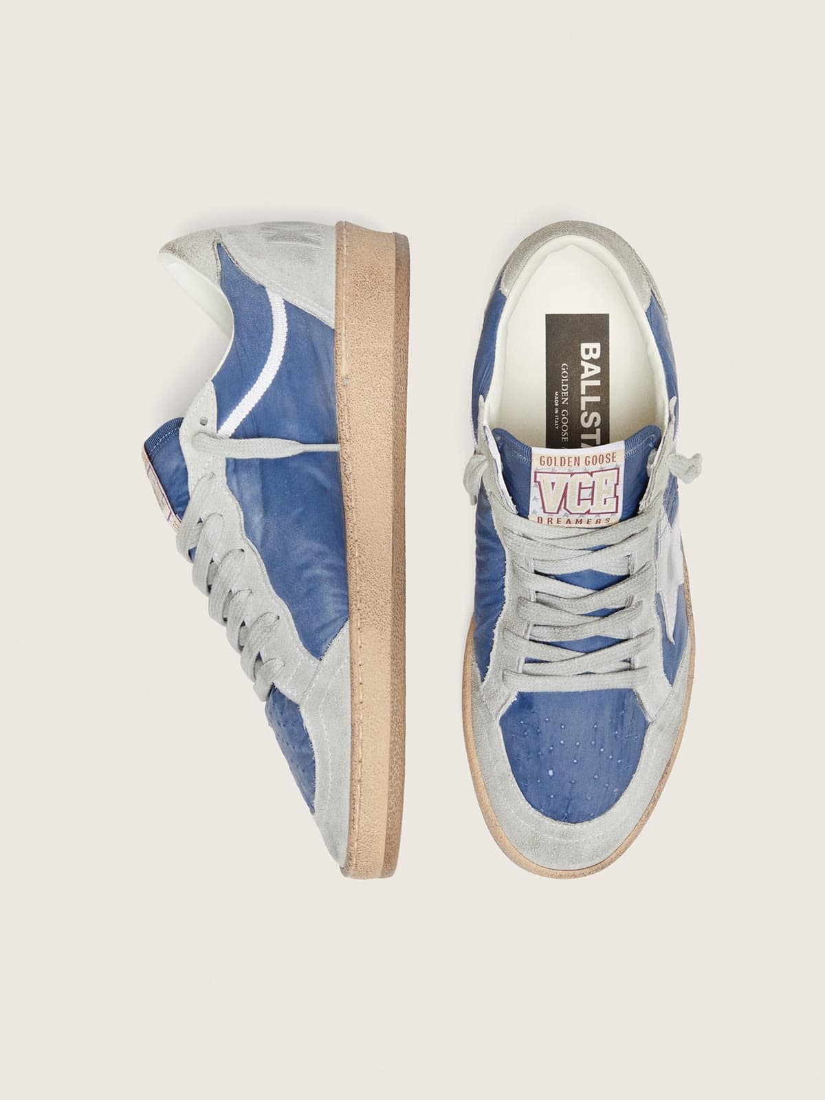 Women’s Ball Star in denim-blue nylon with light gray suede inserts and metallic silver leather star