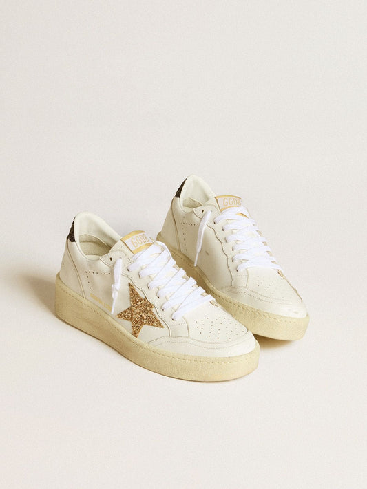 Women’s Ball Star in white leather with gold glitter star and black glitter heel tab