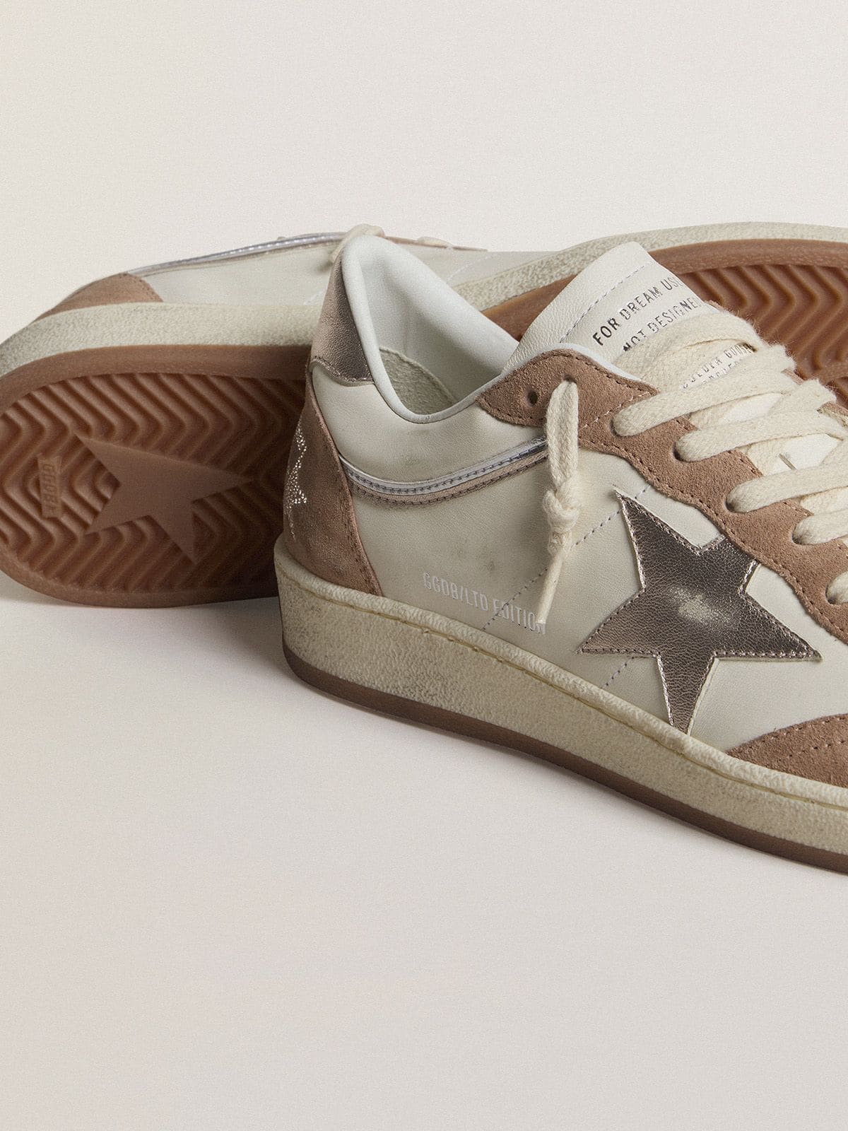 Ball Star LTD in white nappa leather and old rose suede with metallic silver leather star and heel t