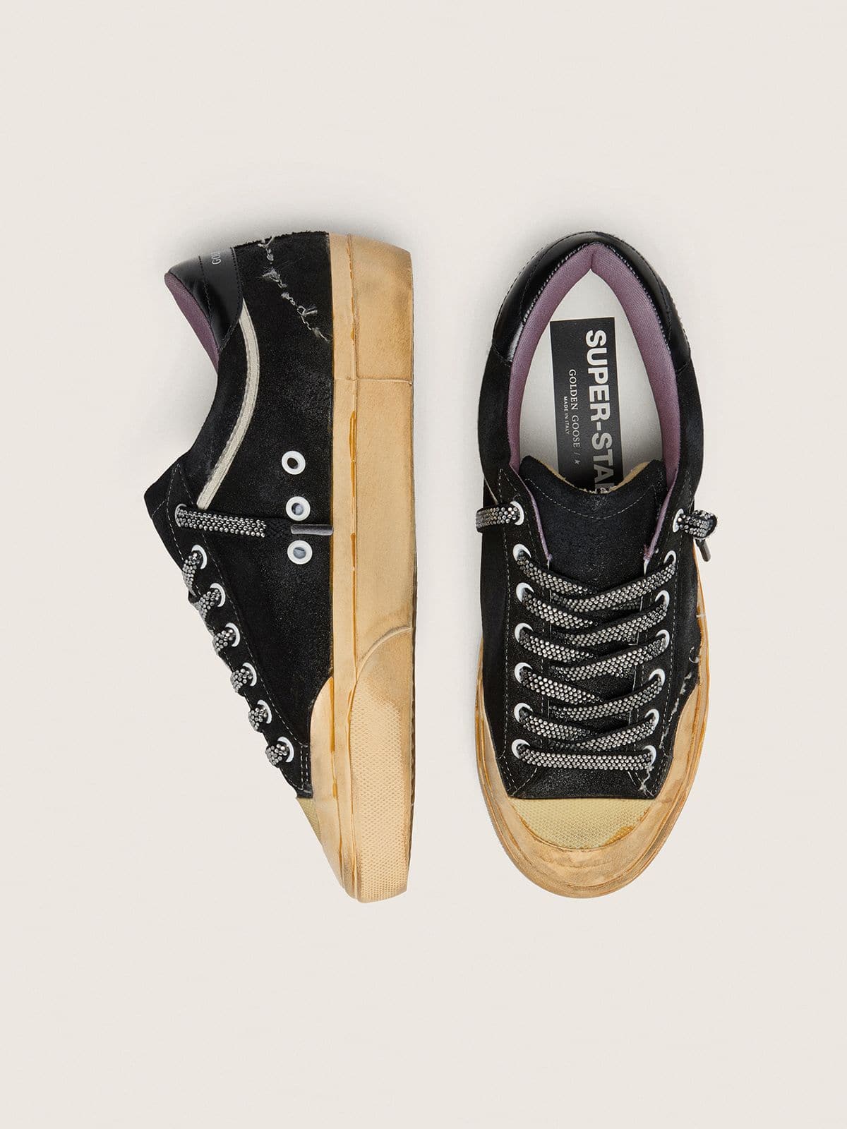 Women's Super-Star LAB in black laminated suede and nylon with raised star and laces with crystals
