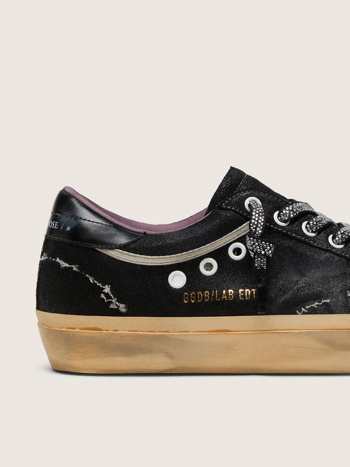 Women's Super-Star LAB in black laminated suede and nylon with raised star and laces with crystals
