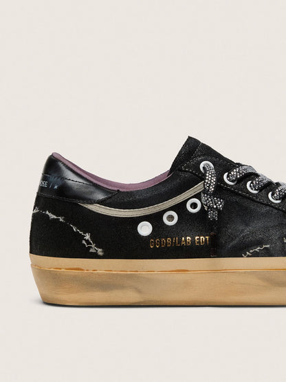 Women's Super-Star LAB in black laminated suede and nylon with raised star and laces with crystals