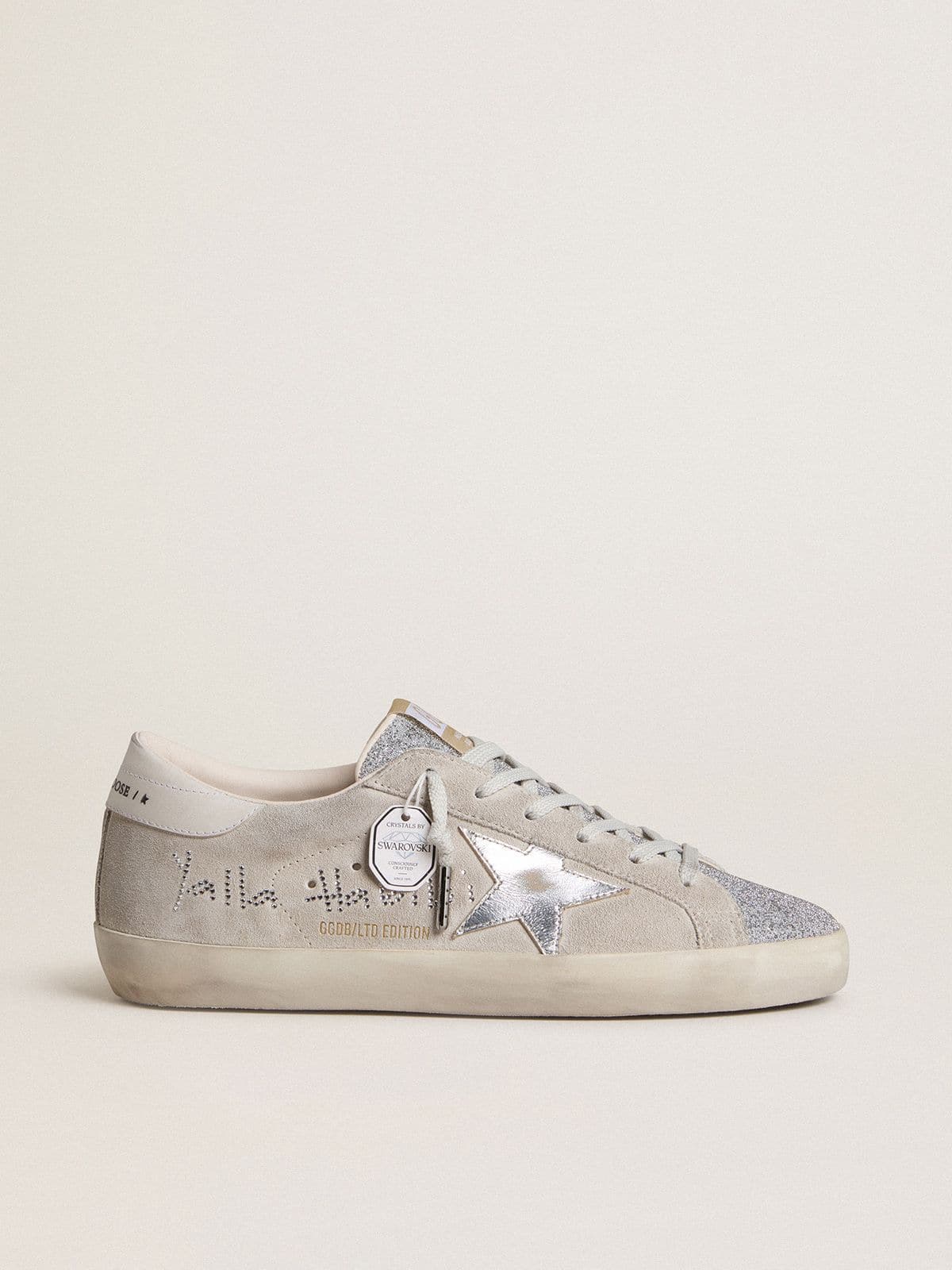 Women’s Super-Star LTD in gray suede with laminated leather star and Swarovski crystal tongue