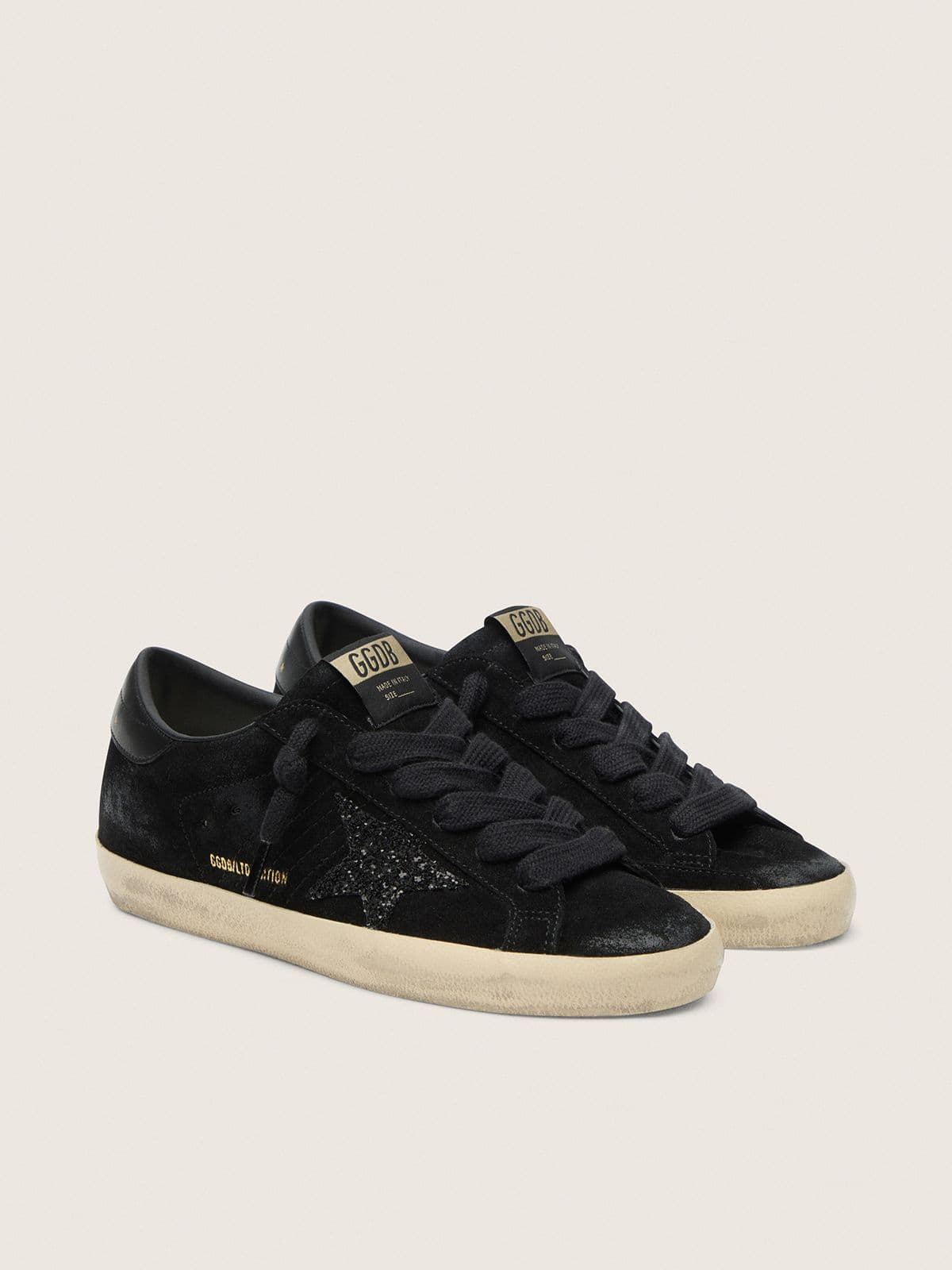Women's Super-Star LTD in black suede with black glitter star and black leather heel tab