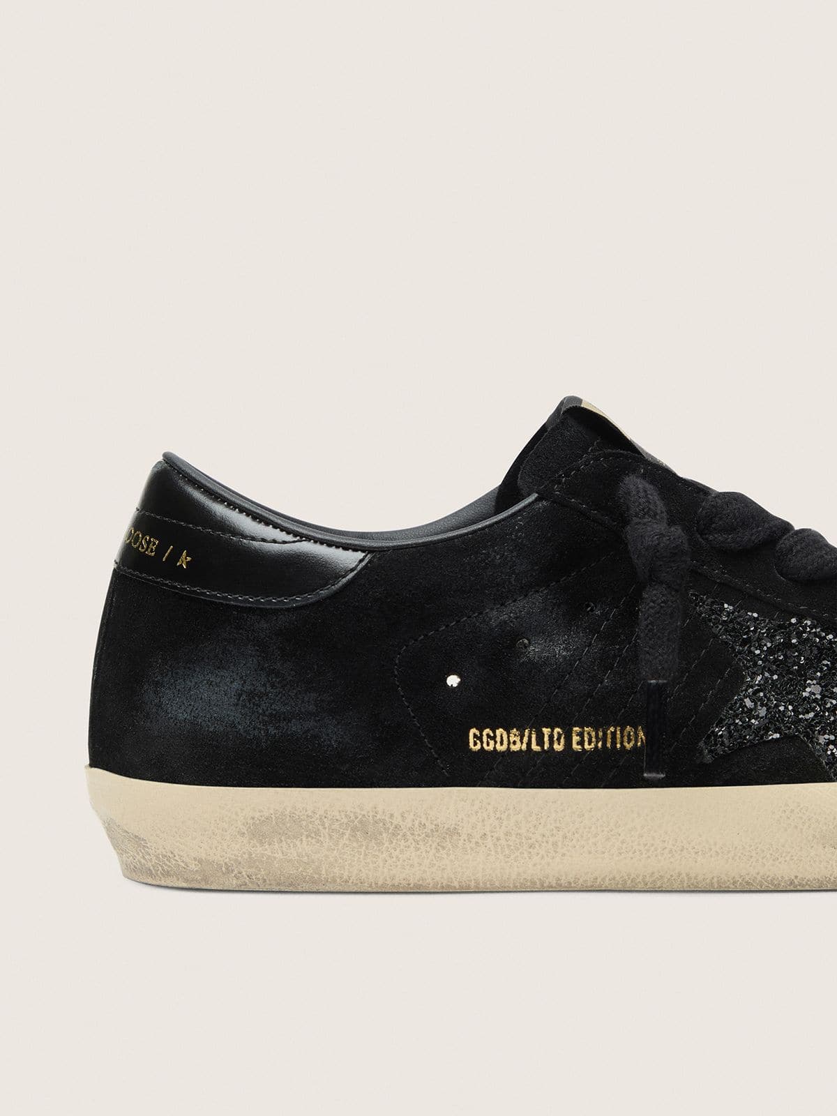 Women's Super-Star LTD in black suede with black glitter star and black leather heel tab