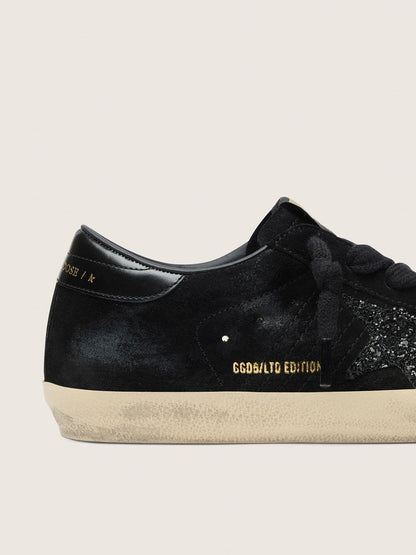 Women's Super-Star LTD in black suede with black glitter star and black leather heel tab