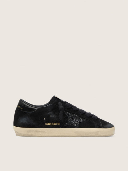 Women's Super-Star LTD in black suede with black glitter star and black leather heel tab