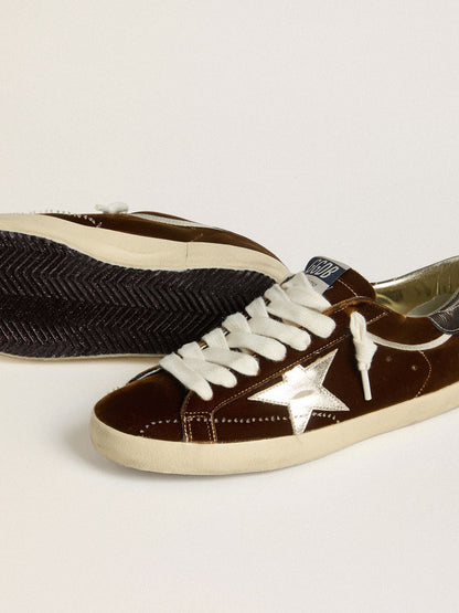 Women's Super-Star in cognac velvet with metallic leather star and heel tab
