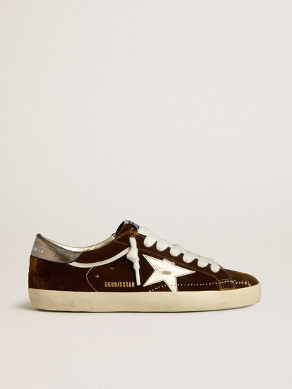 Women's Super-Star in cognac velvet with metallic leather star and heel tab